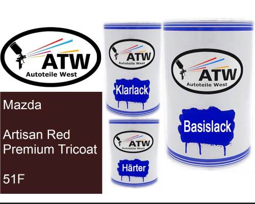 Mazda, Artisan Red Premium Tricoat, 51F: 500ml Lackdose + 500ml Klarlack + 250ml Härter - Set, von ATW Autoteile West.
